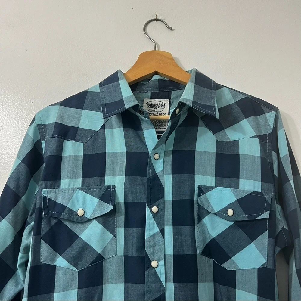 Levi’s Button Up Shirt Men S Western Pearl Snap Blue Plaid Cotton Cowboy Rodeo
